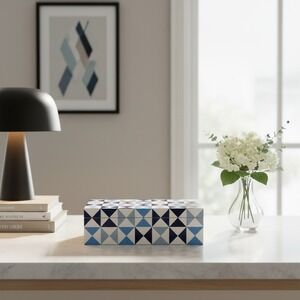 Jonathan Adler Blue Geometric Lacquer Decorative Box Harlequin Modernist 9.25in
